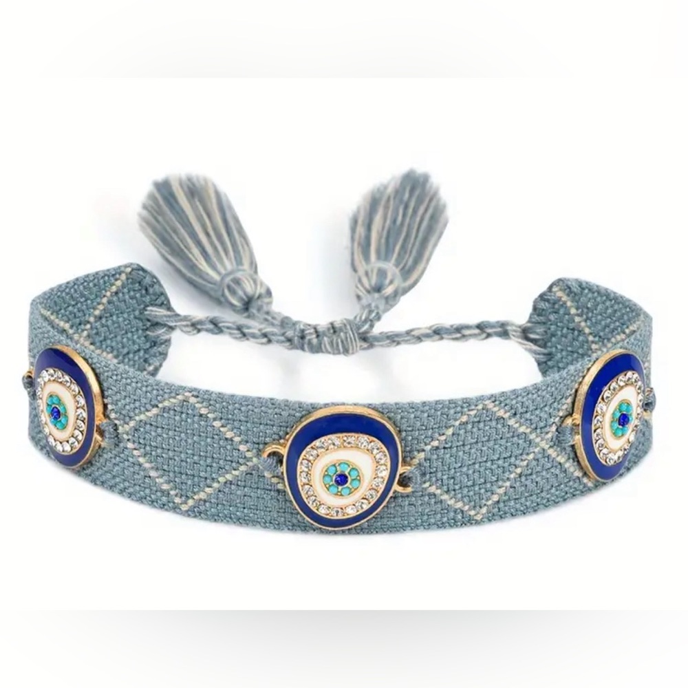 Woven Friendship EvilEye Fabric Adjustable Braided Bracelet Rhinestone